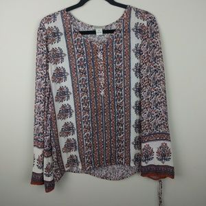 Lucky Brand peasant print blouse waist tie bell M